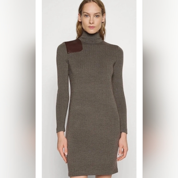 Lauren Ralph Lauren Dresses & Skirts - Lauren Ralph Lauren Faux Leather Patch Sweater Dress Wool Herringbone Size 2X